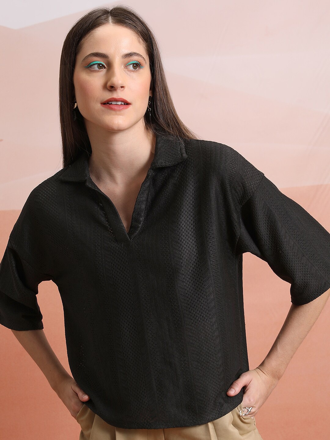 

Tokyo Talkies Shirt Sleeves Drop Shoulder Loose Shirt Style Top, Black