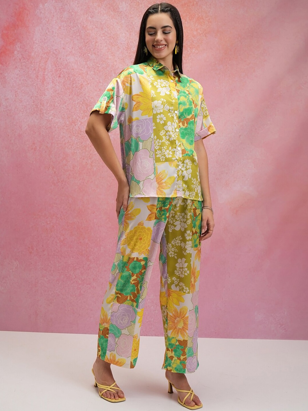 

Tokyo Talkies Printed Shirt Collar Top & Trouser, Green