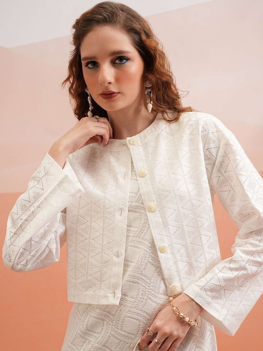 

Tokyo Talkies Floral Long Sleeves Round Neck Self Design Top, White