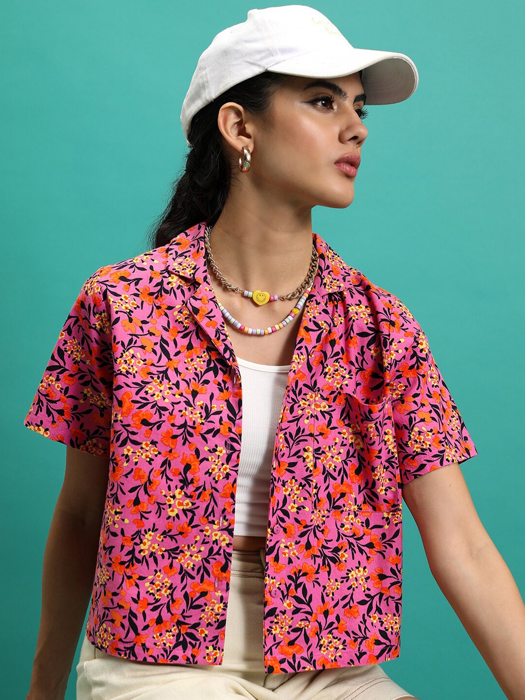 

Tokyo Talkies Pink Cuban Collar Floral Print Cotton Top
