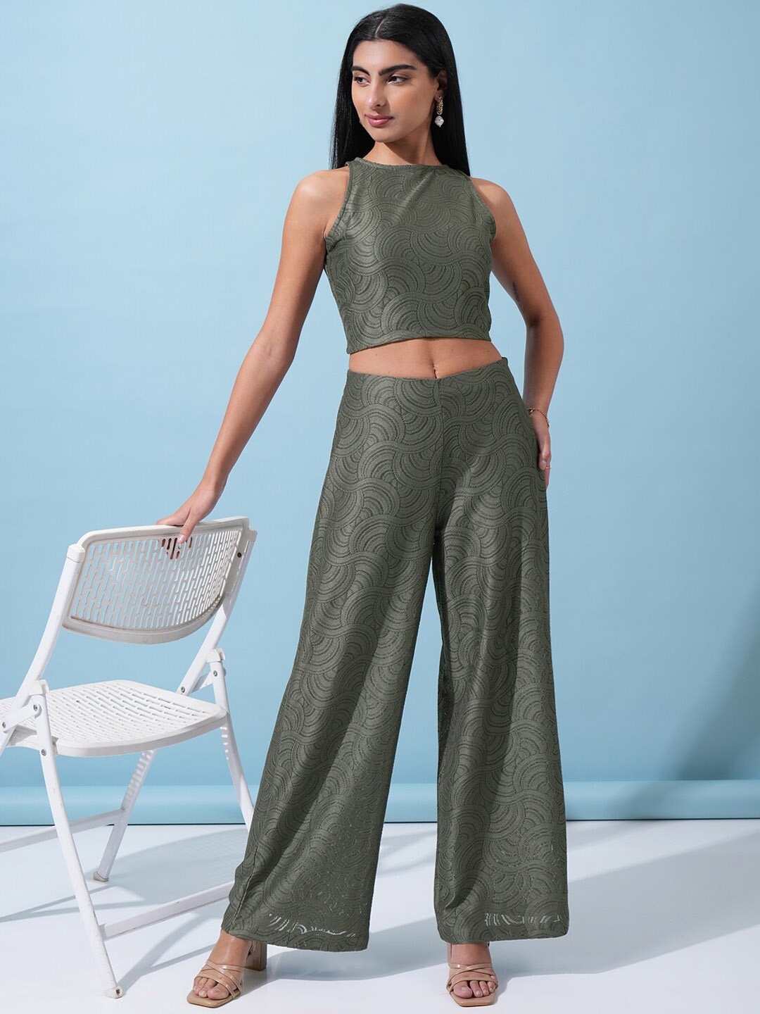 

Tokyo Talkies Printed Sleeveless Crochet Top With Trousers Co-Ords, Olive