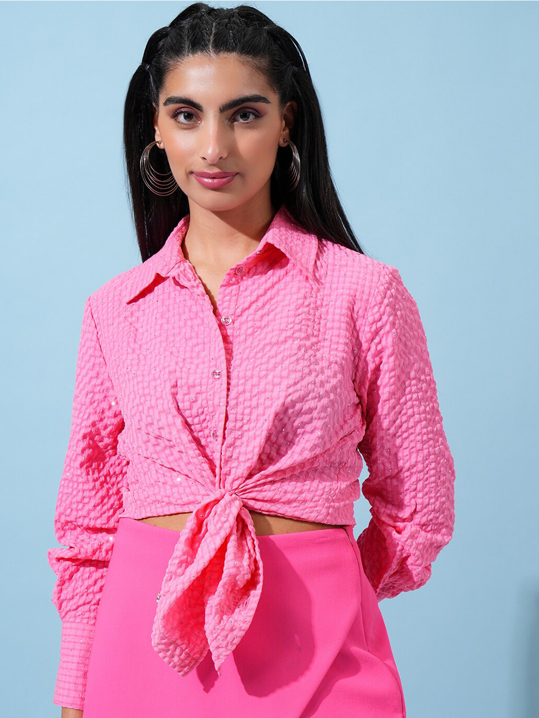 

Tokyo Talkies Textured Embellished Button-Down Shirt, Pink