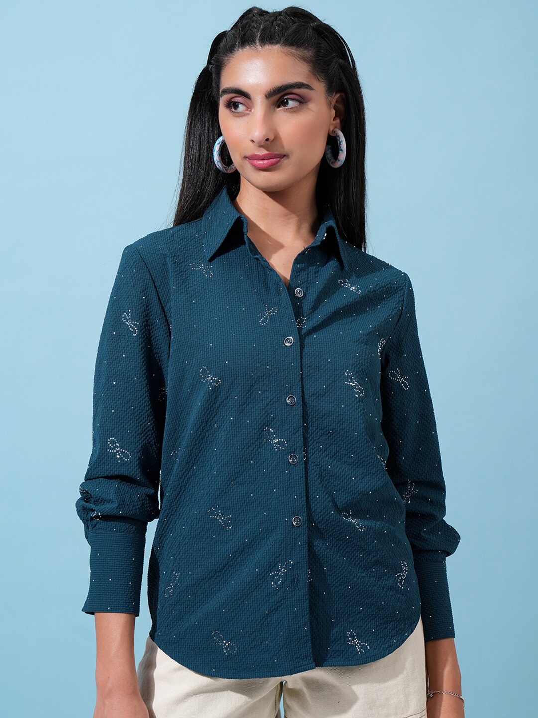 

Tokyo Talkies Textured Embellished Shirt, Navy blue