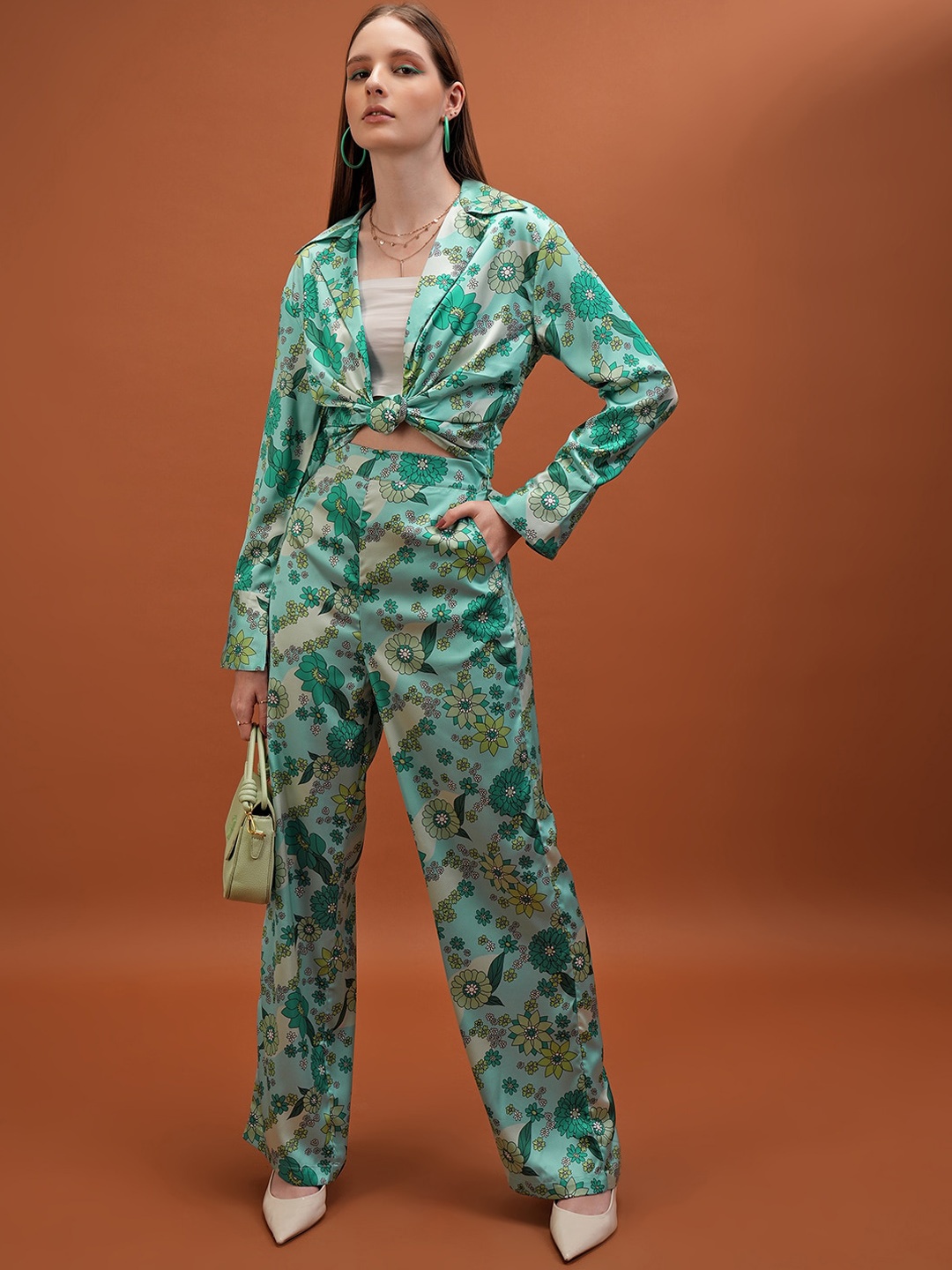 

Tokyo Talkies Printed Shirt Collar Top With Trousers Co-Ords, Green