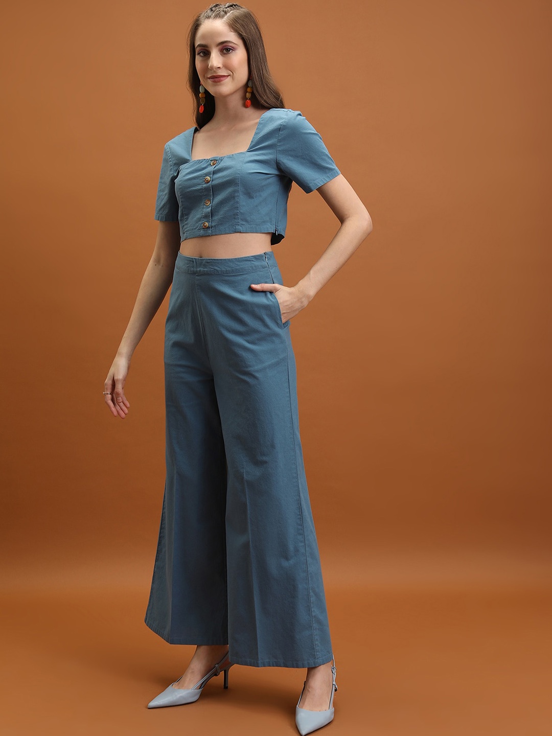 

Tokyo Talkies Square Neck Buttoned Crop Pure Cotton Top & Palazzos, Blue