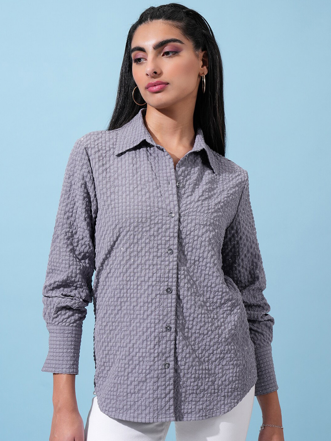

Tokyo Talkies Textured Embellished Button-Down Shirt, Grey