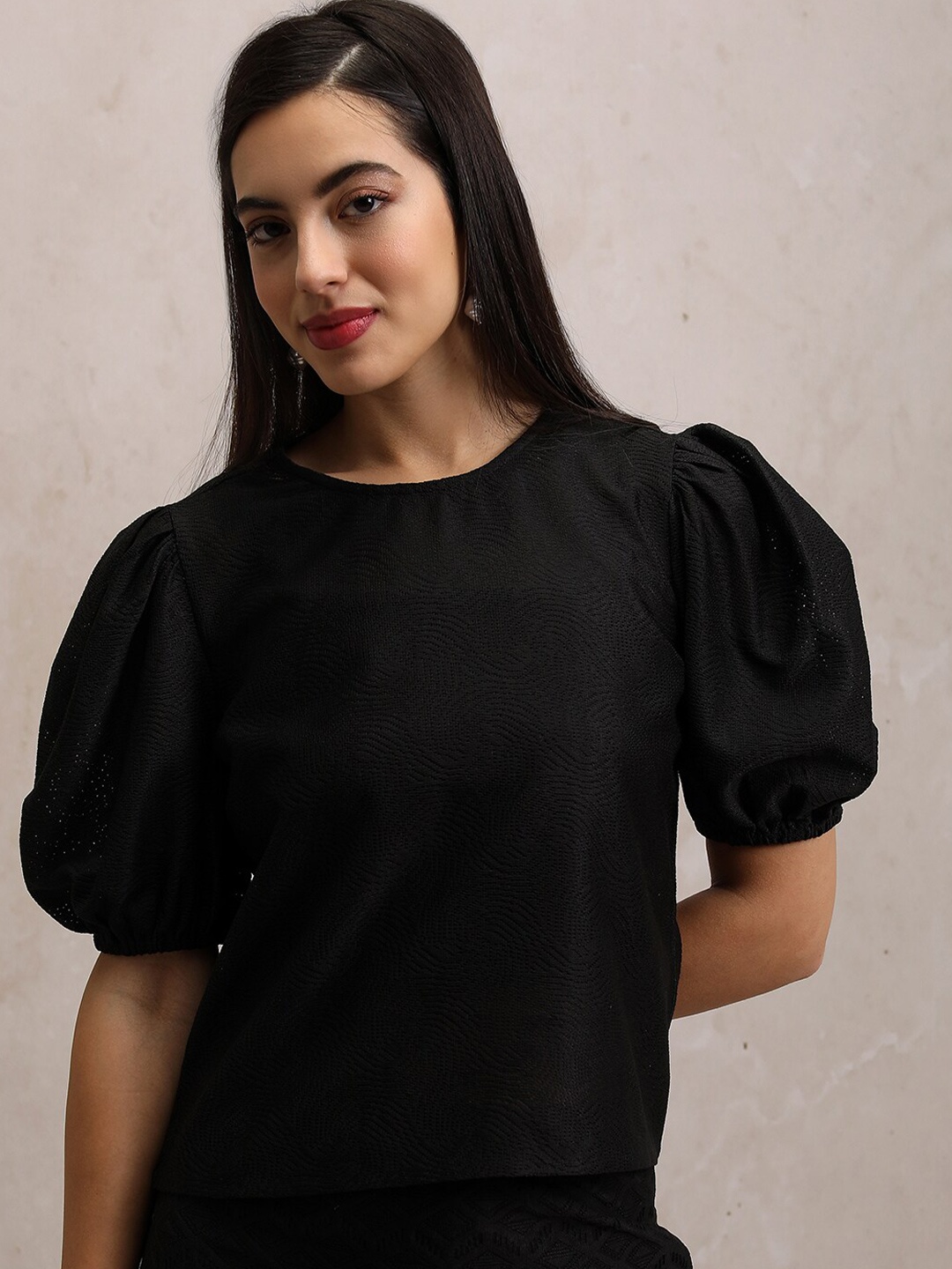 

Tokyo Talkies Round Neck Short Puff Sleeve Top, Black