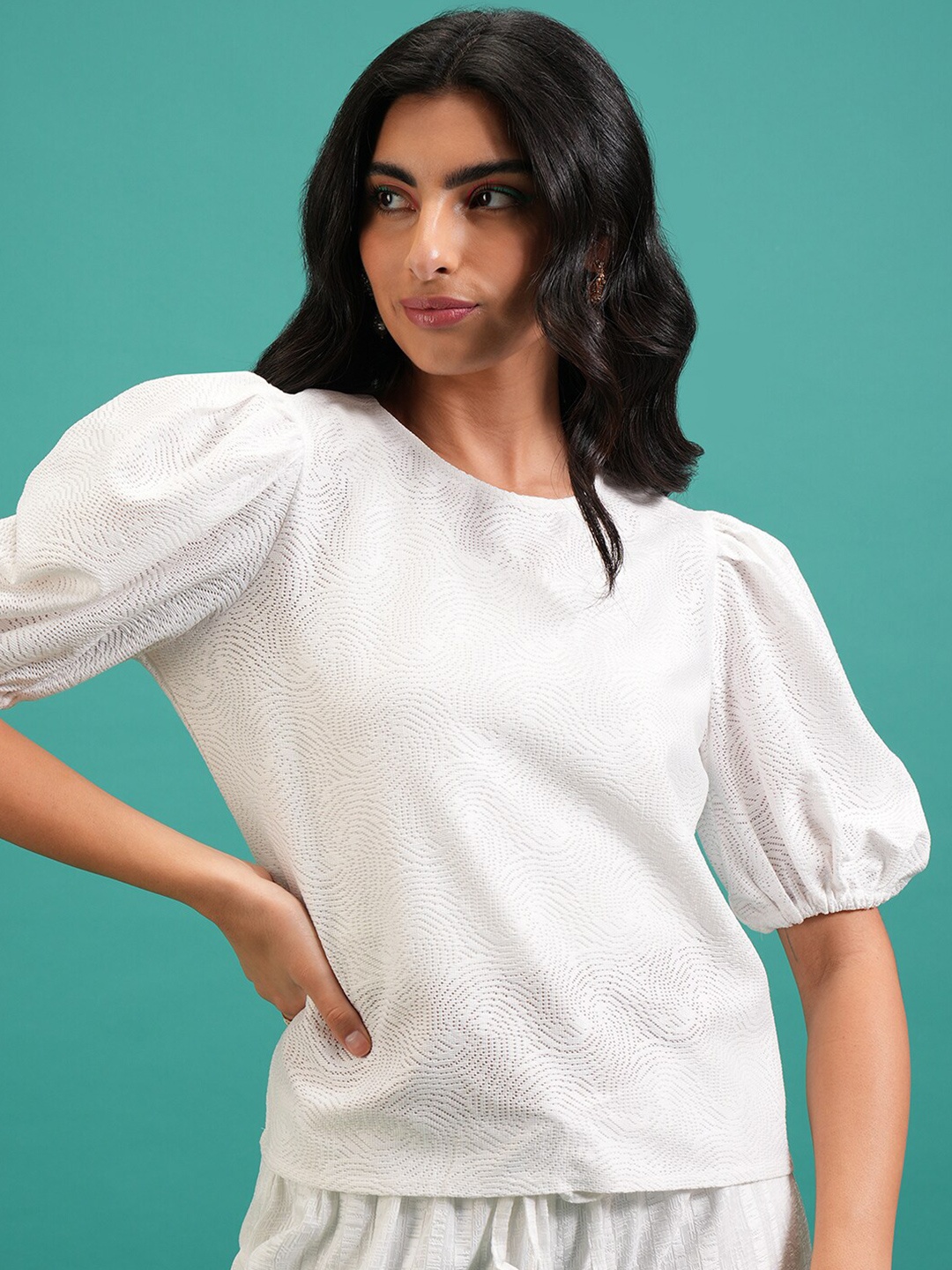 

Tokyo Talkies White Self Design Puff Sleeve Crochet Top