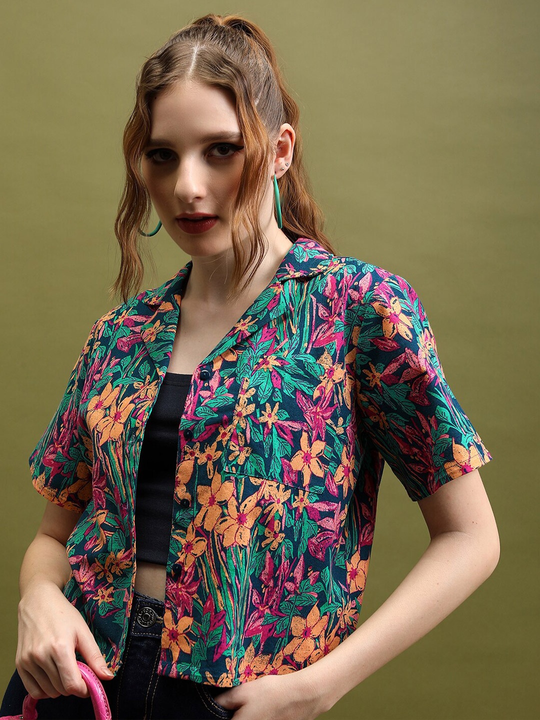 

Tokyo Talkies Teal Green Floral Printed Cuban Collar Cotton Shirt Style Crop Top