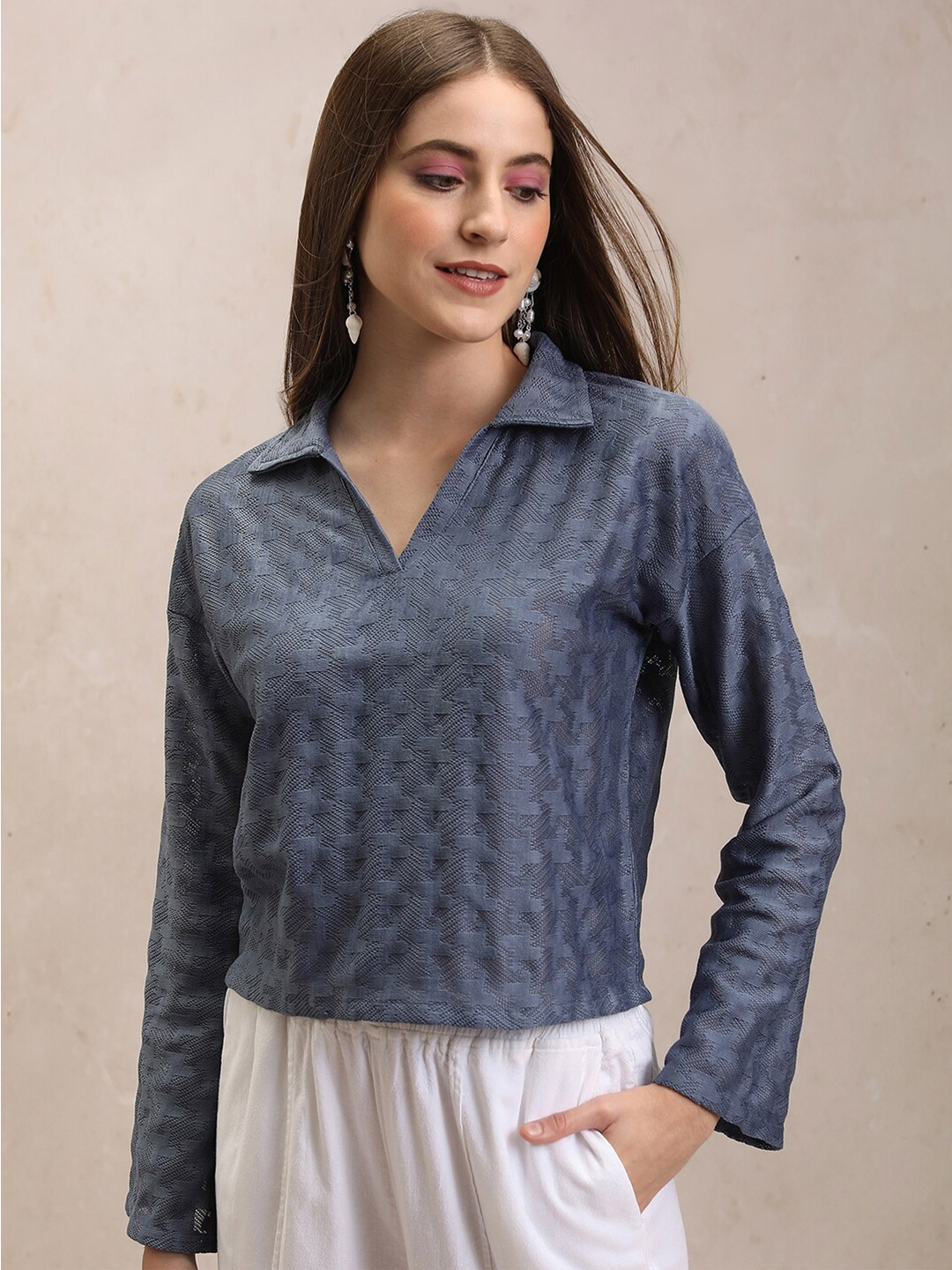 

Tokyo Talkies White Self Design Shirt Style Crochet Crop Top, Blue