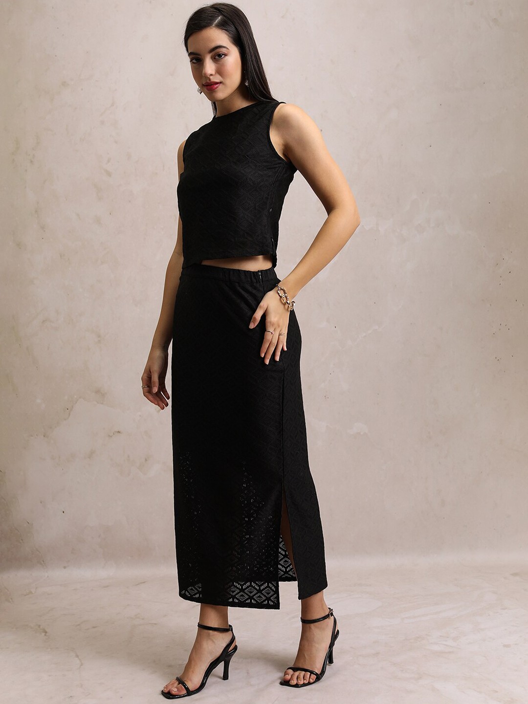 

Tokyo Talkies Black Self Design Crochet Crop Top With Skirt