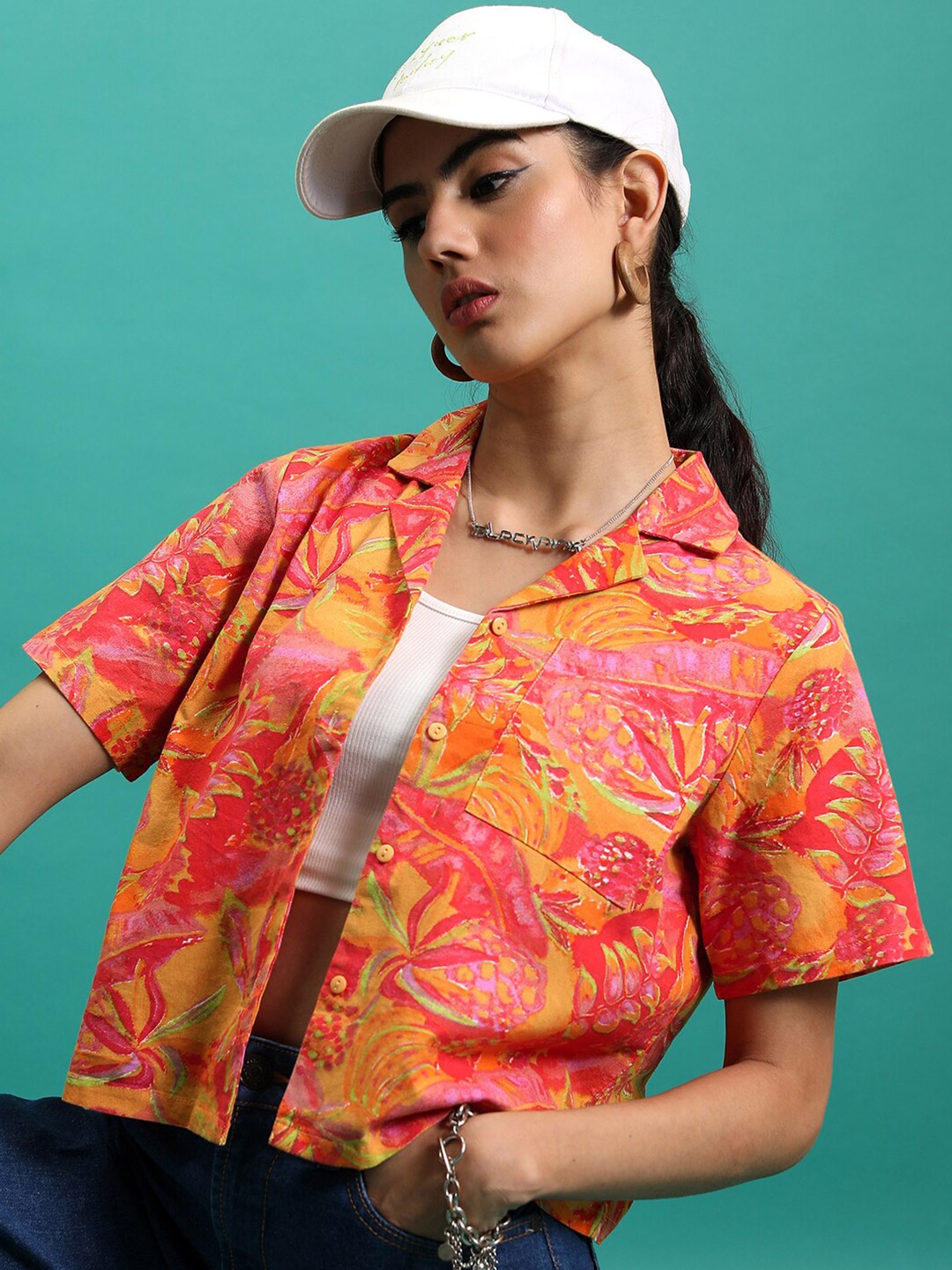 

Tokyo Talkies Orange & Pink Floral Printed Cuban Collar Cotton Shirt Style Crop Top