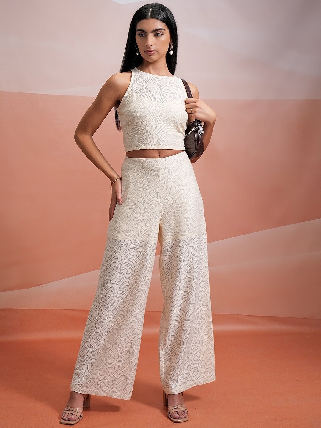 

Tokyo Talkies White Crochet Crop Top With Trouser, Off white