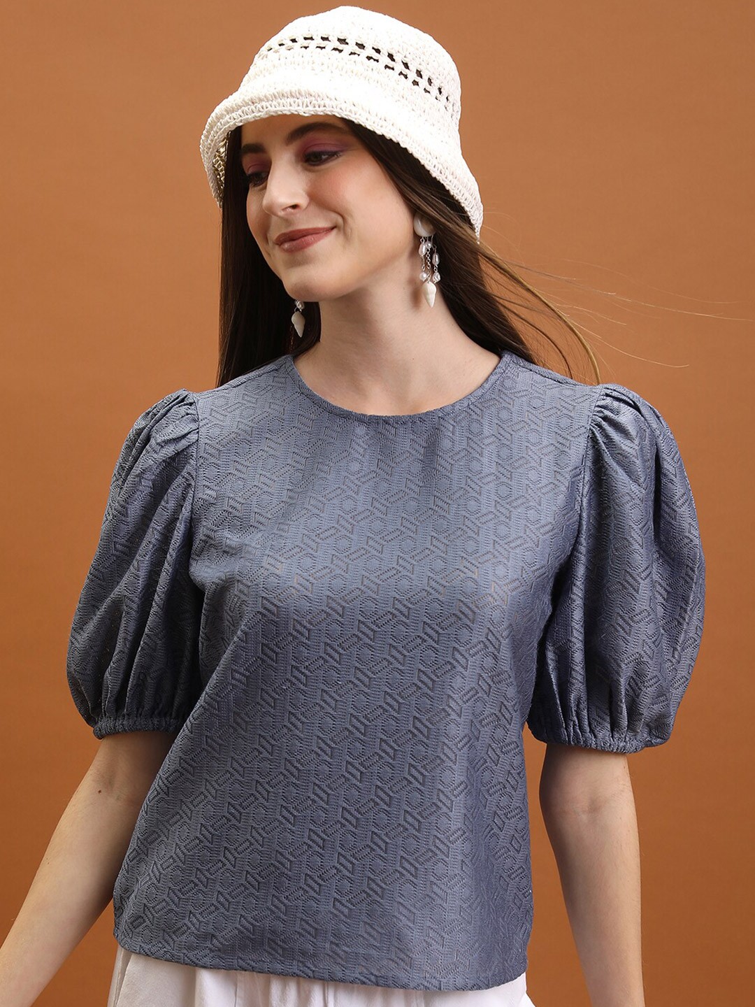

Tokyo Talkies Round Neck Short Puff Sleeve Crochet Top, Blue