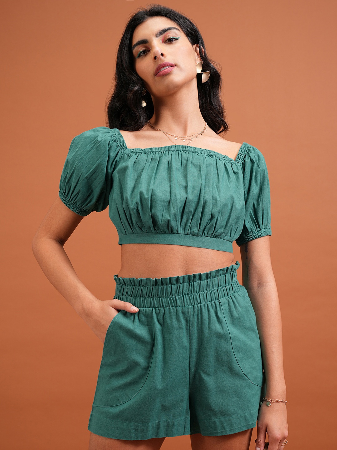 

Tokyo Talkies Off-Shoulder Pure Cotton Top With Short Co-Ords, Green