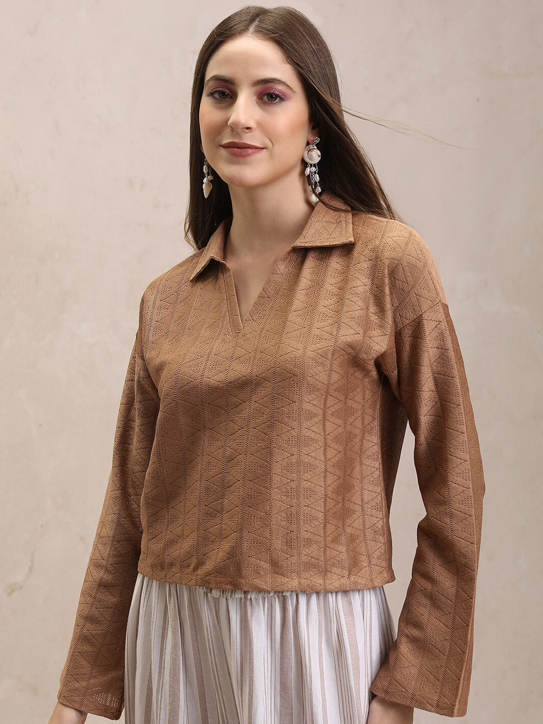 

Tokyo Talkies Brown Self Design Drop Shoulder Sleeves Crochet Shirt Style Crop Top