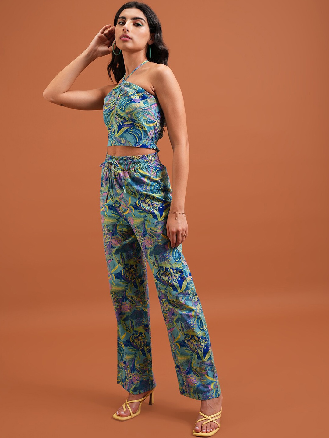 

Tokyo Talkies Blue Halter Neck Pure Cotton Top & Trouser