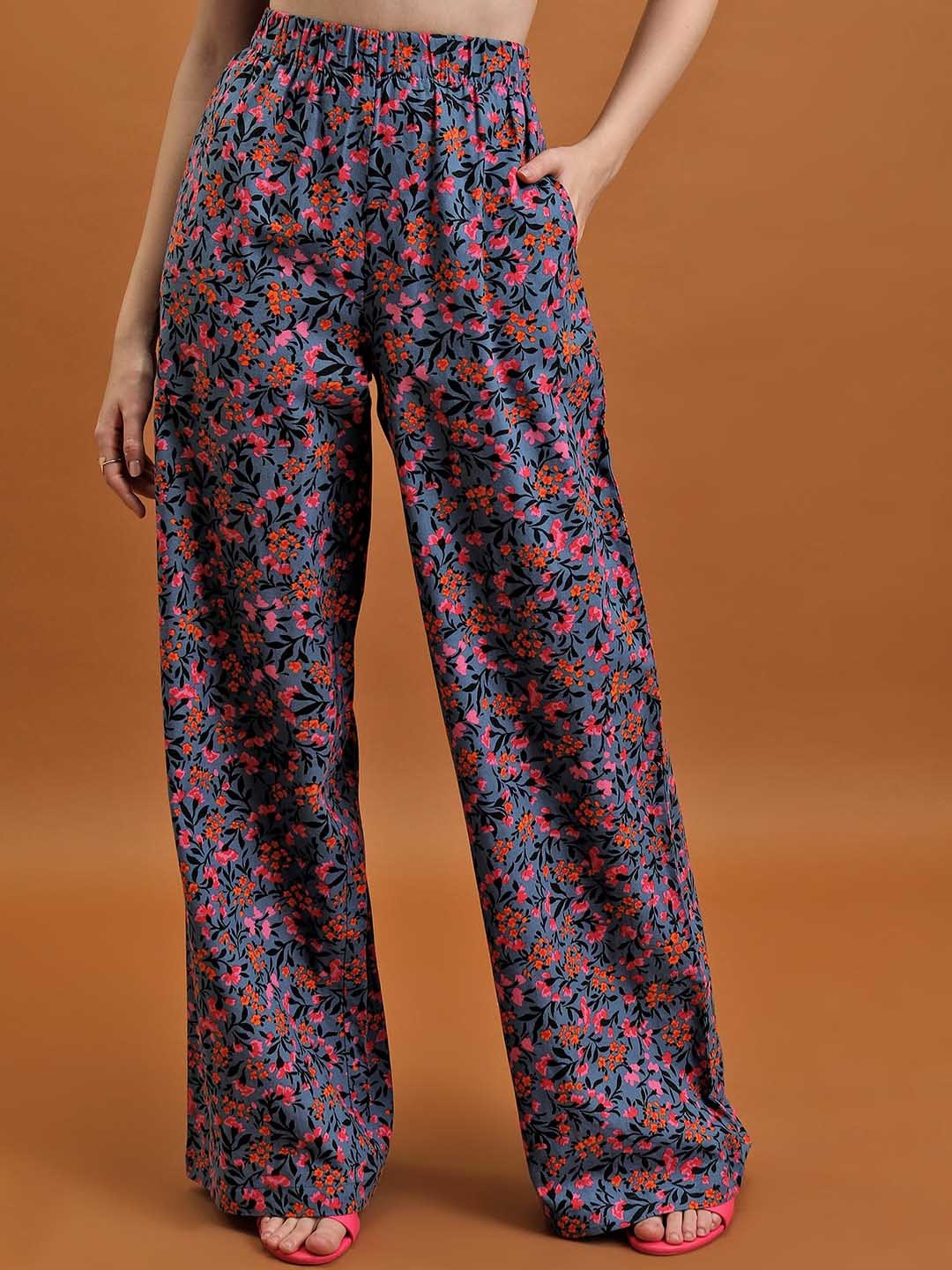 

Tokyo Talkies Women Navy Blue Floral Printed Cotton Parallel Trousers