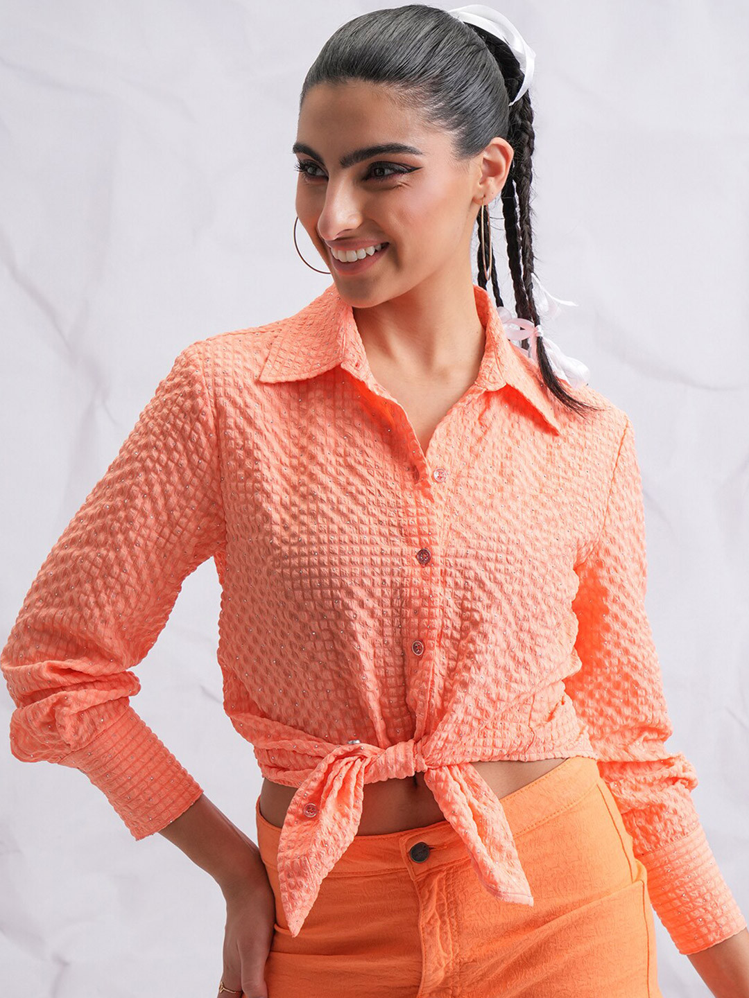 

Tokyo Talkies Textured Embellished Button-Down Shirt, Peach