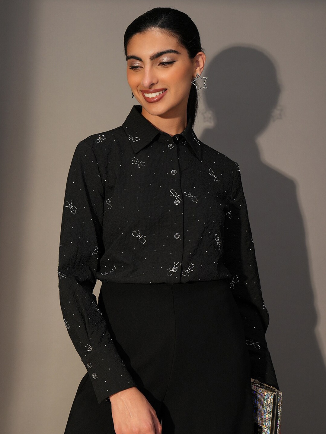 

Tokyo Talkies Textured Embellished Casual Shirt, Black