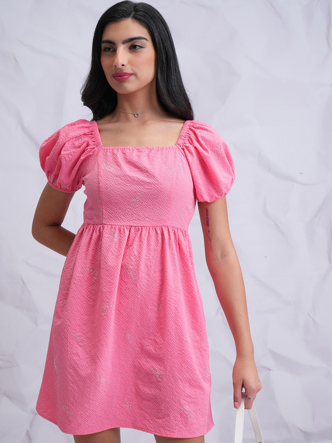 

Tokyo Talkies Pink Printed Puff Sleeves Mini Fit & Flare Dress