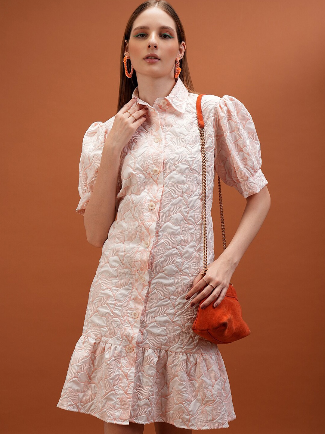 

Tokyo Talkies Peach Floral Self Design Puff Sleeves Shirt Dress