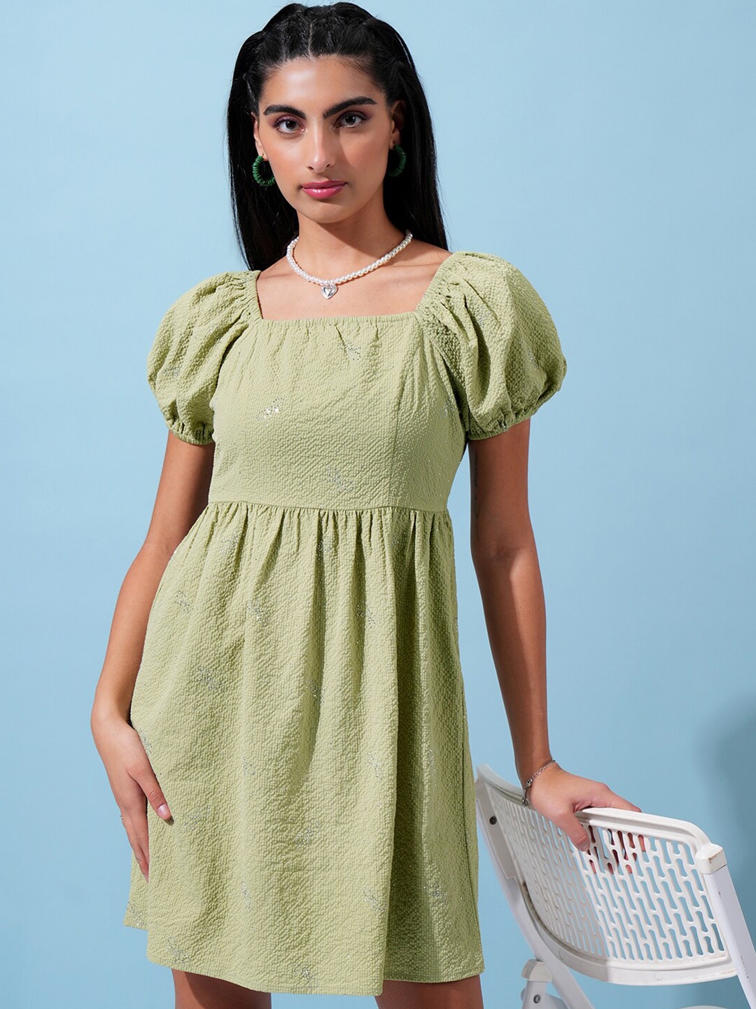 

Tokyo Talkies Green Printed Puff Sleeves Mini Fit & Flare Dress