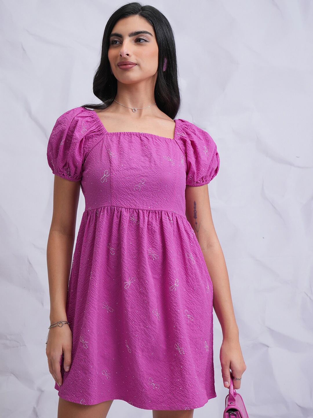 

Tokyo Talkies Purple Printed Puff Sleeves Mini Fit & Flare Dress