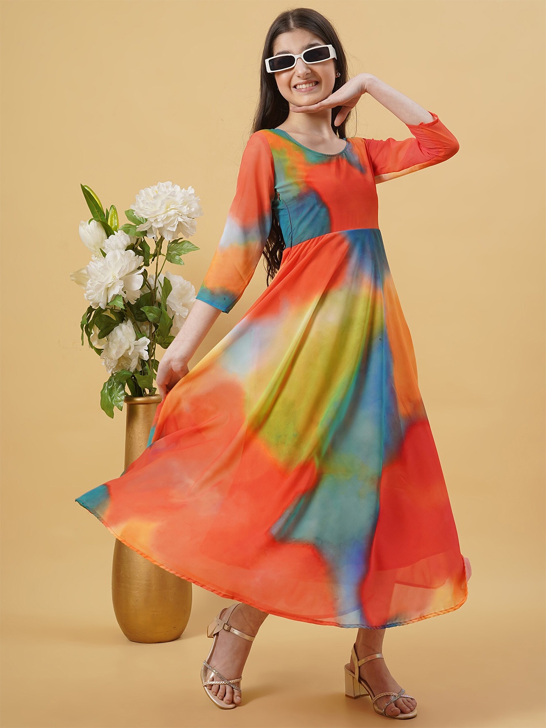 

BAESD Tie and Dye Dyed Flared Sleeve Georgette Maxi Dress, Orange