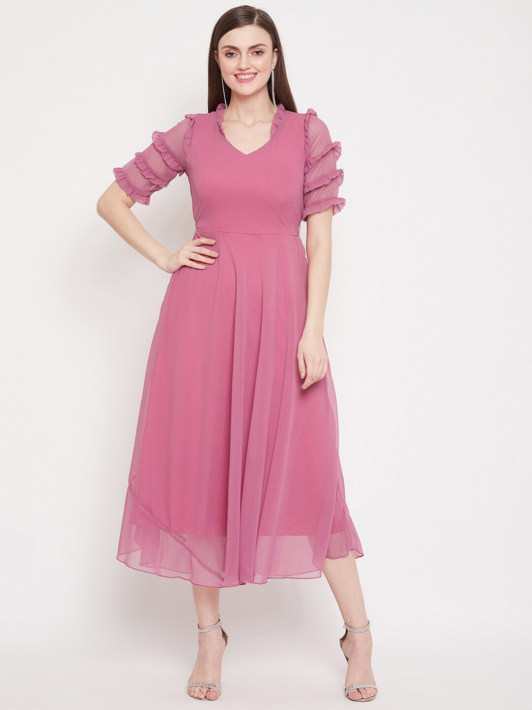 

HELLO DESIGN V-Neck Short Sleeves Georgette Fit & Flare Midi Dress, Pink