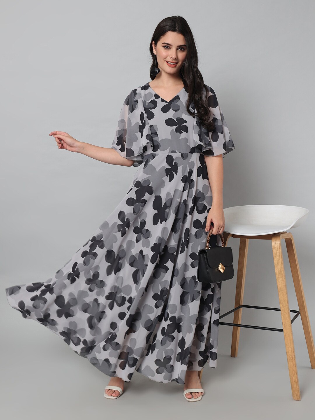 HELLO DESIGN Floral Print V-Neck Short Flared Sleeve Georgette Maxi Dress, Black