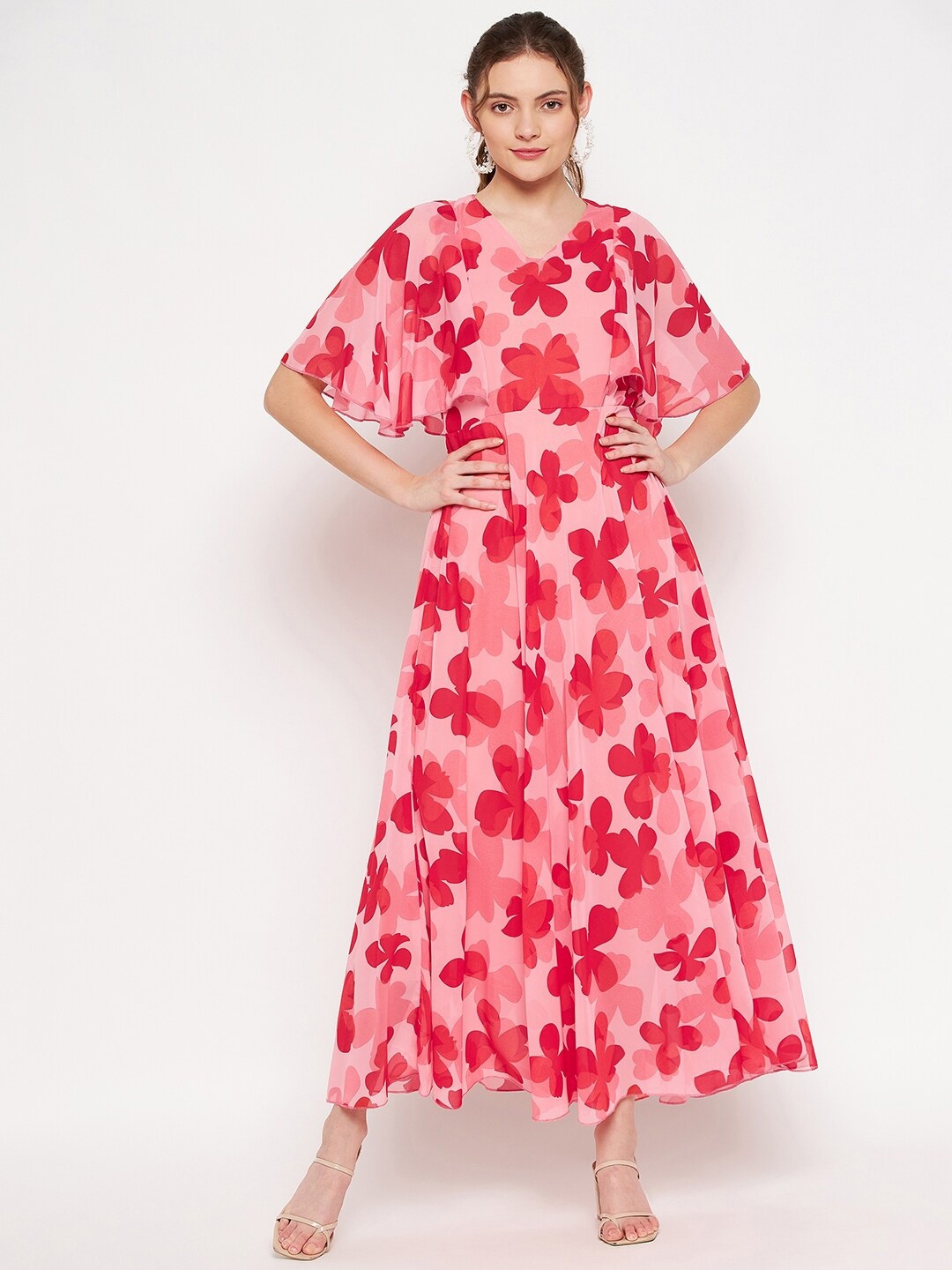 HELLO DESIGN Floral Print V-Neck Short Flared Sleeve Ruffled Georgette Maxi Dress, Pink