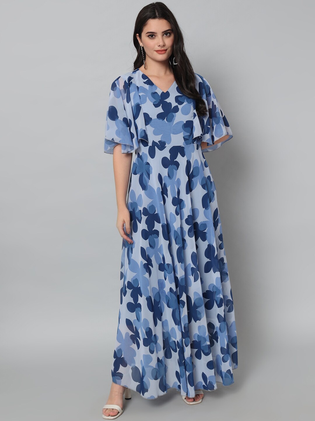 

HELLO DESIGN Floral Dyed V-Neck Short Flared Georgette Maxi Dress, Blue