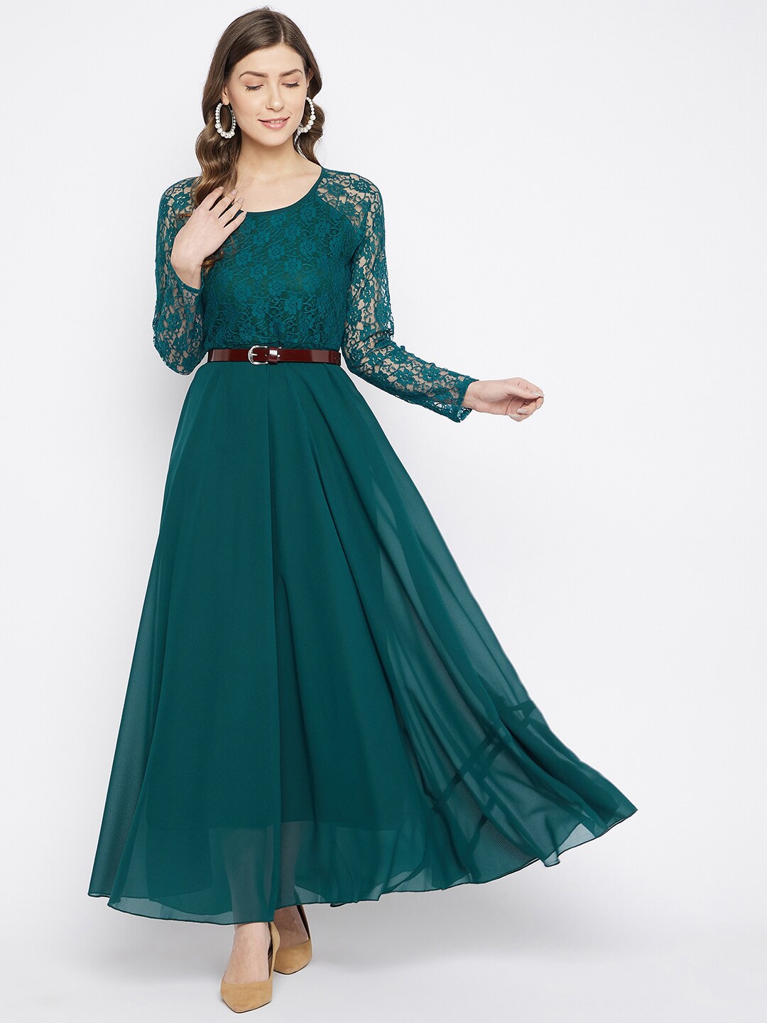 

HELLO DESIGN Round Neck Long Sleeves Georgette Maxi Dress, Teal