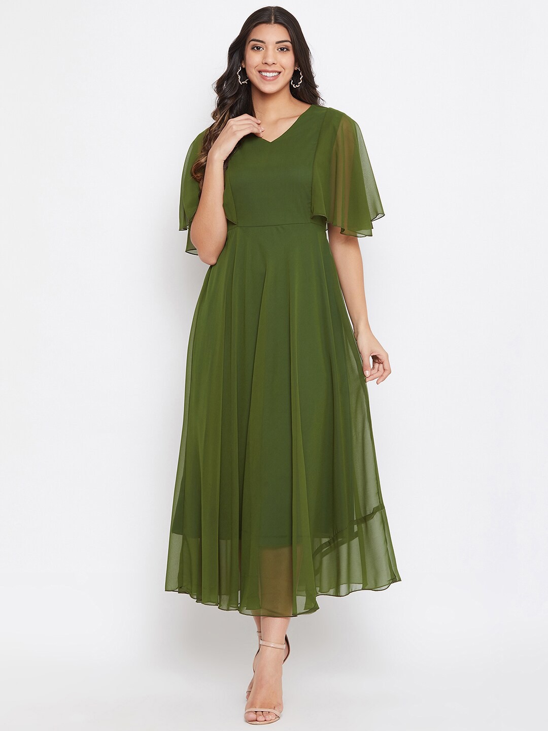

HELLO DESIGN V-Neck Flared Sleeve Ruffled Maxi Midi Dress, Green