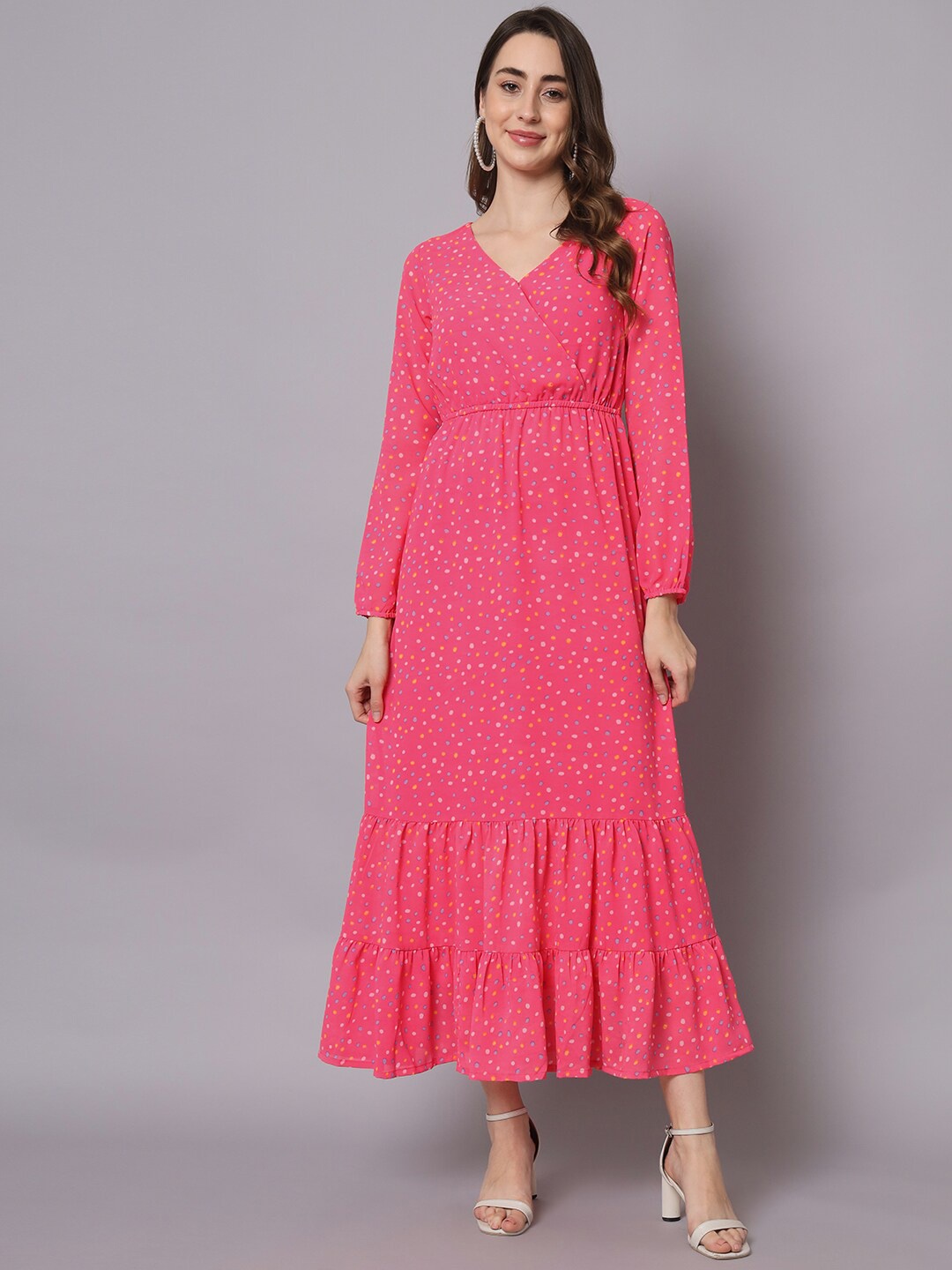 

HELLO DESIGN Polka Dots Print Long Puff Sleeve Georgette Maxi Dress, Yellow
