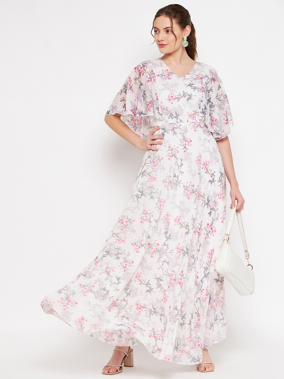 

HELLO DESIGN Floral Print V-Neck Short Flared Sleeve Georgette Maxi Dress, White