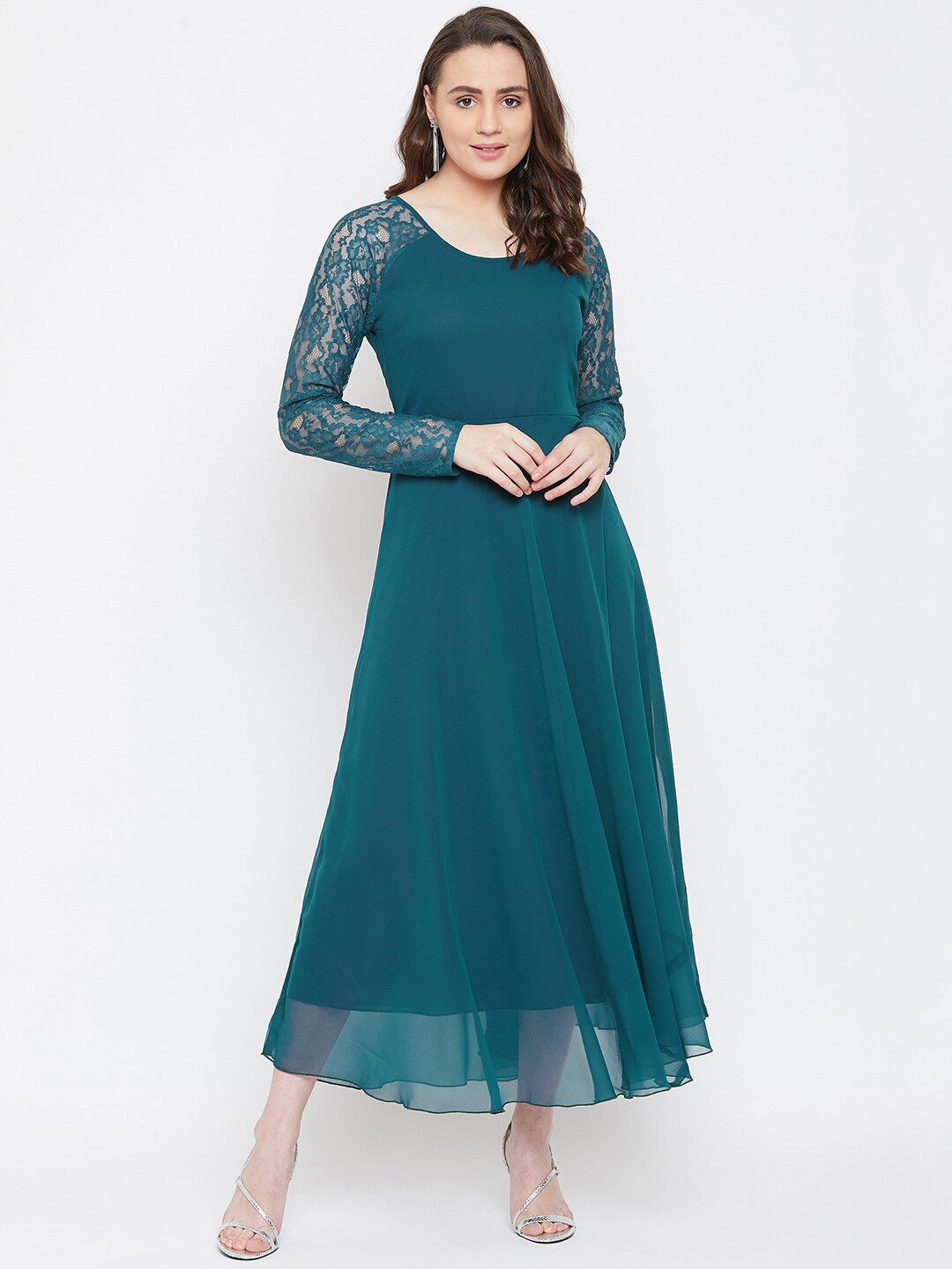 

HELLO DESIGN Round Neck Long Sleeves Georgette Maxi Midi Dress, Teal