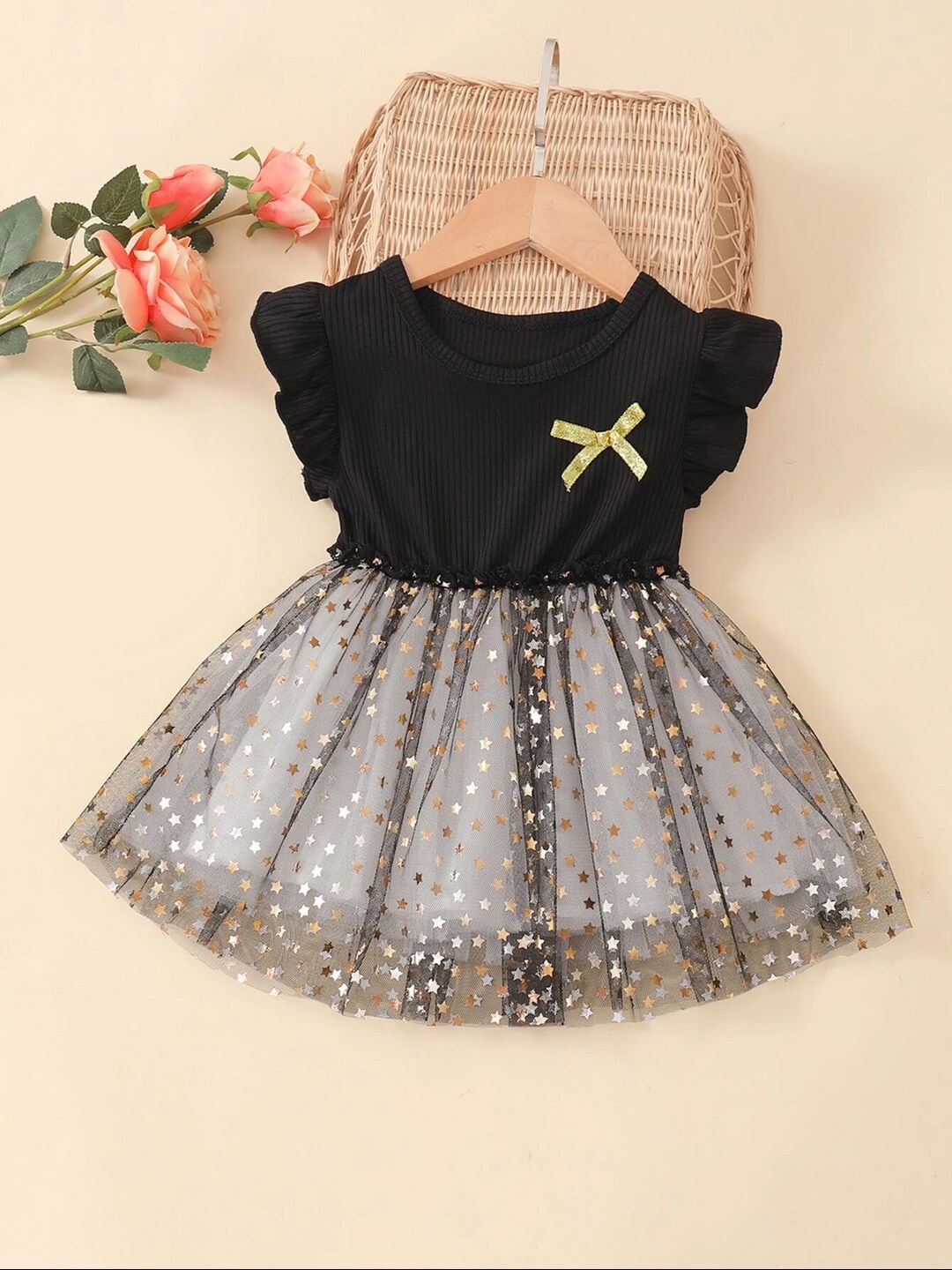 

BAESD Girls Embellished Flutter Sleeve Net Fit & Flare Dress, Black