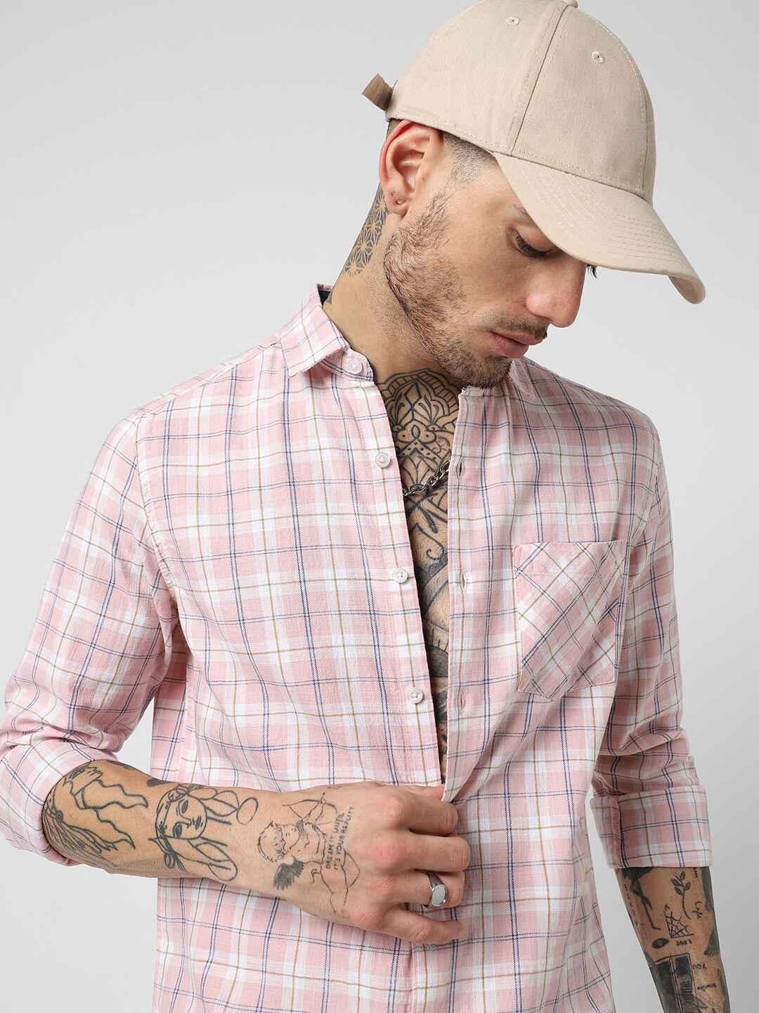 

VASTRADO Slim Fit Tartan Spread Collar Checked Cotton Casual Shirt, Pink