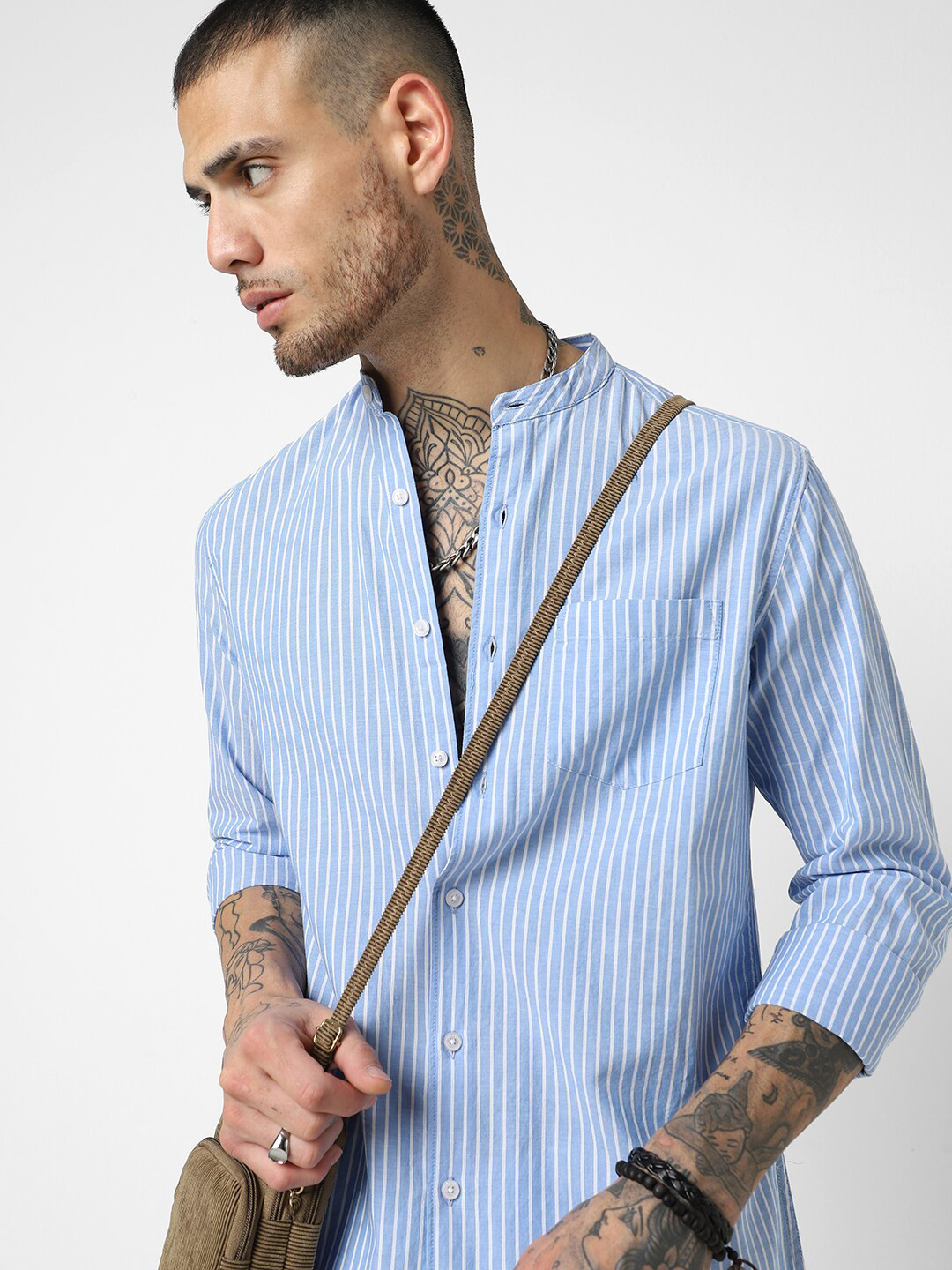 

VASTRADO Slim Fit Striped Collarless Cotton Casual Shirt, Blue