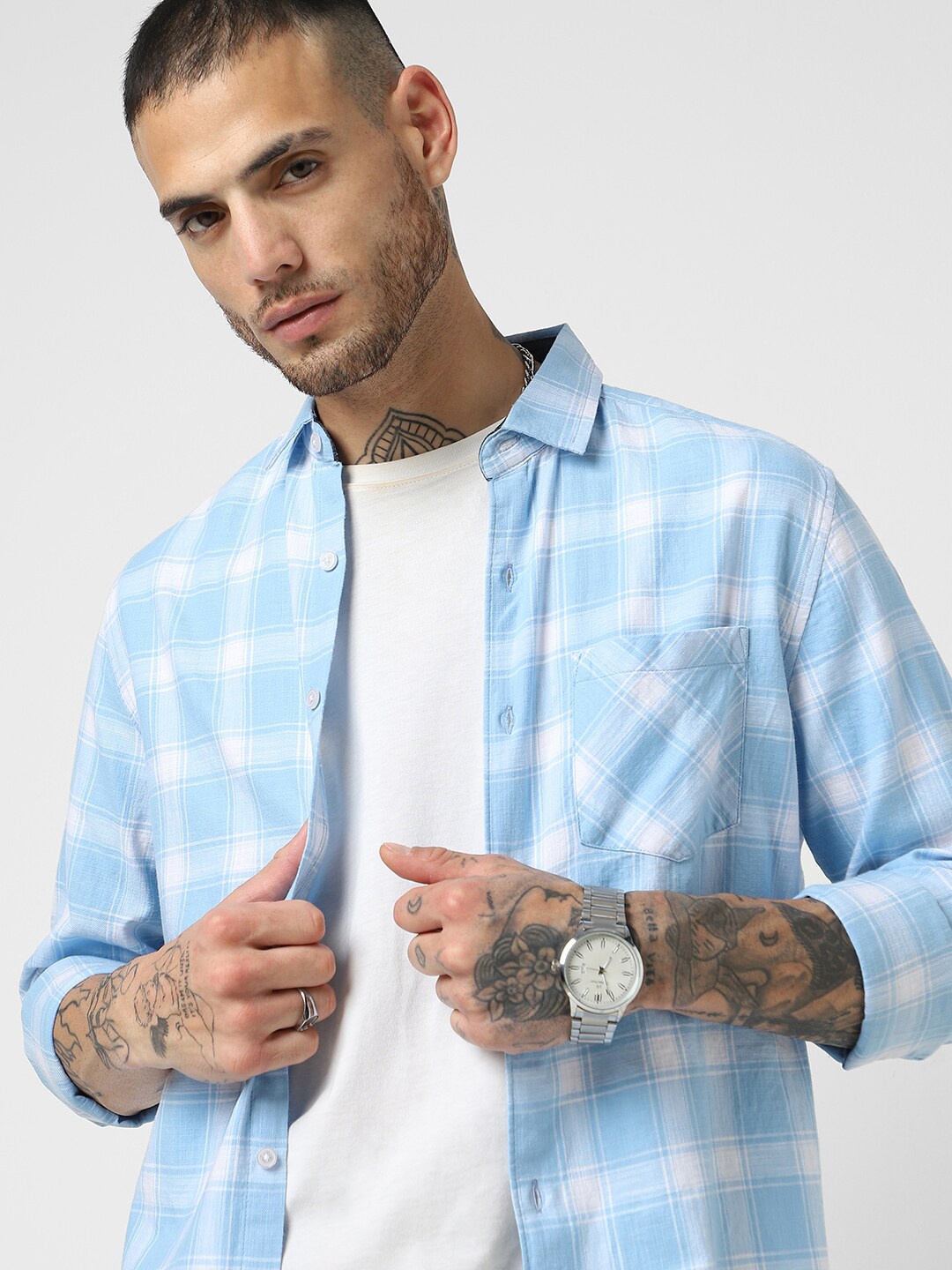 

VASTRADO Slim Fit Tartan Spread Collar Checked Cotton Casual Shirt, Blue