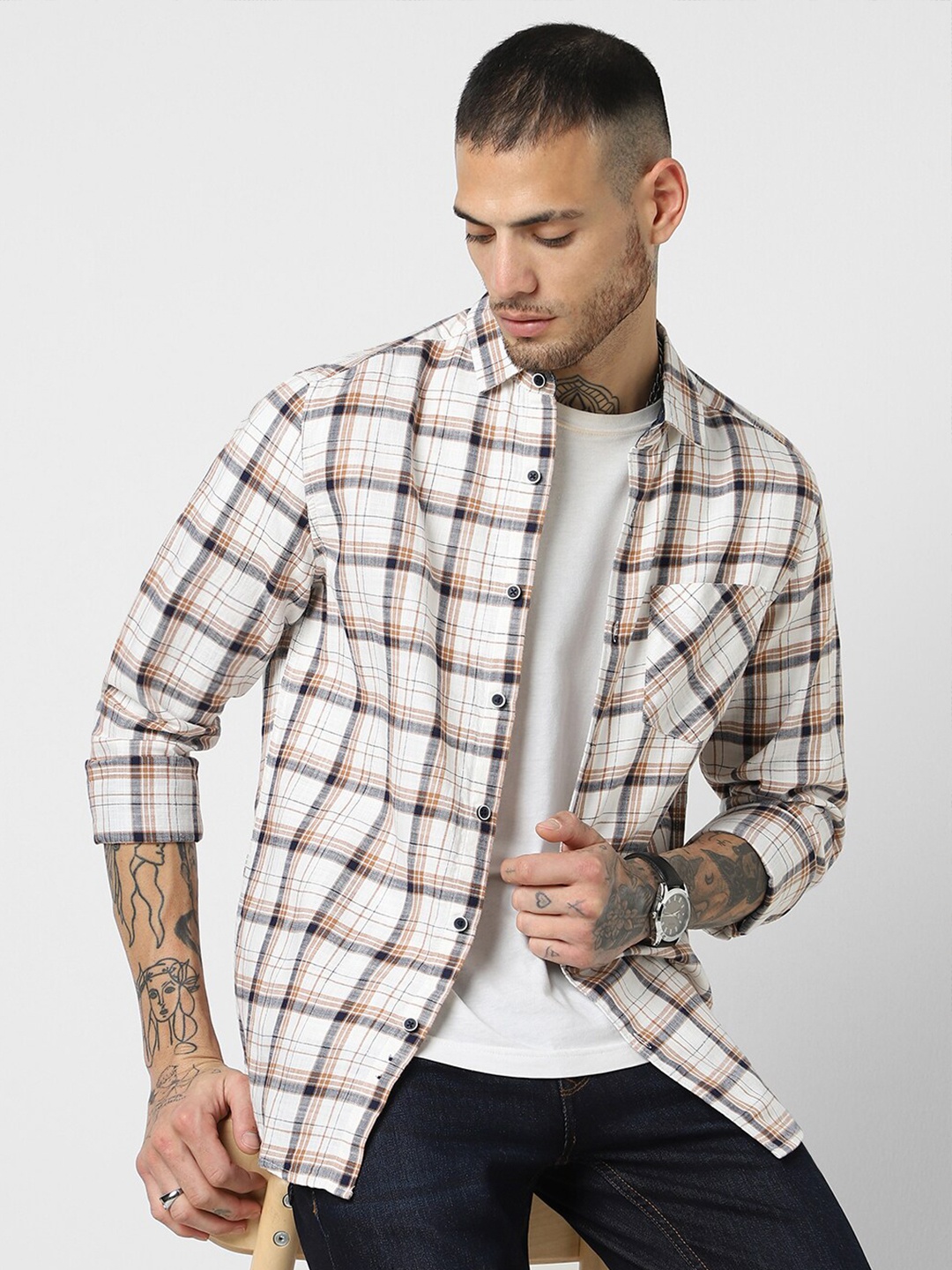 

VASTRADO Men Classic Slim Fit Tartan Checked Cotton Casual Shirt, Beige