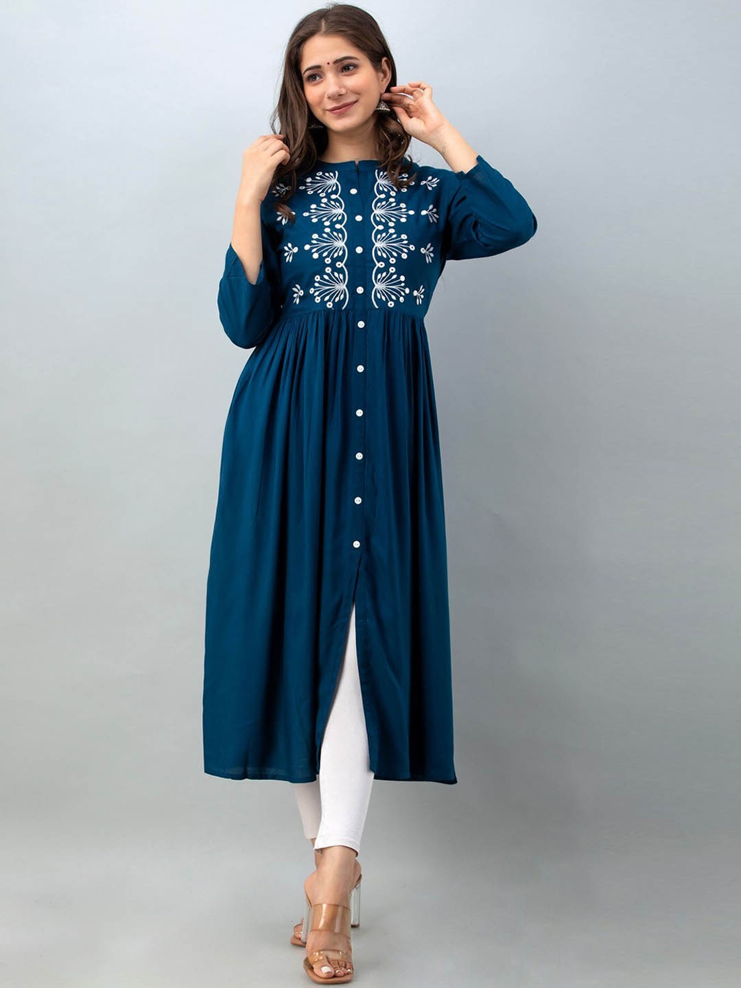 

PURVIJA KURTIES Geometric Thread Work Anarkali Kurta, Blue