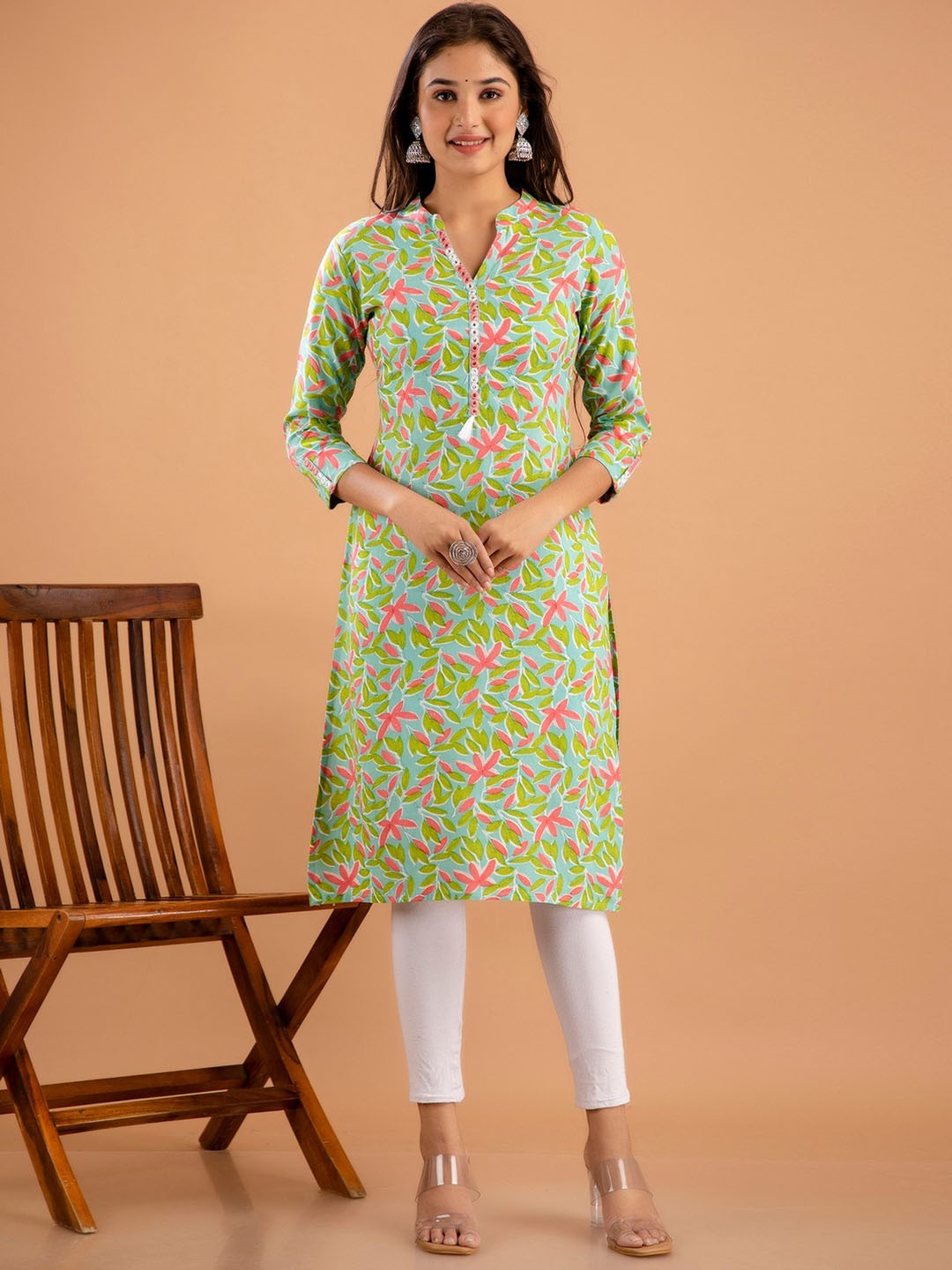 PURVIJA KURTIES Floral Printed Mirror Work Strigth Kurta, Green