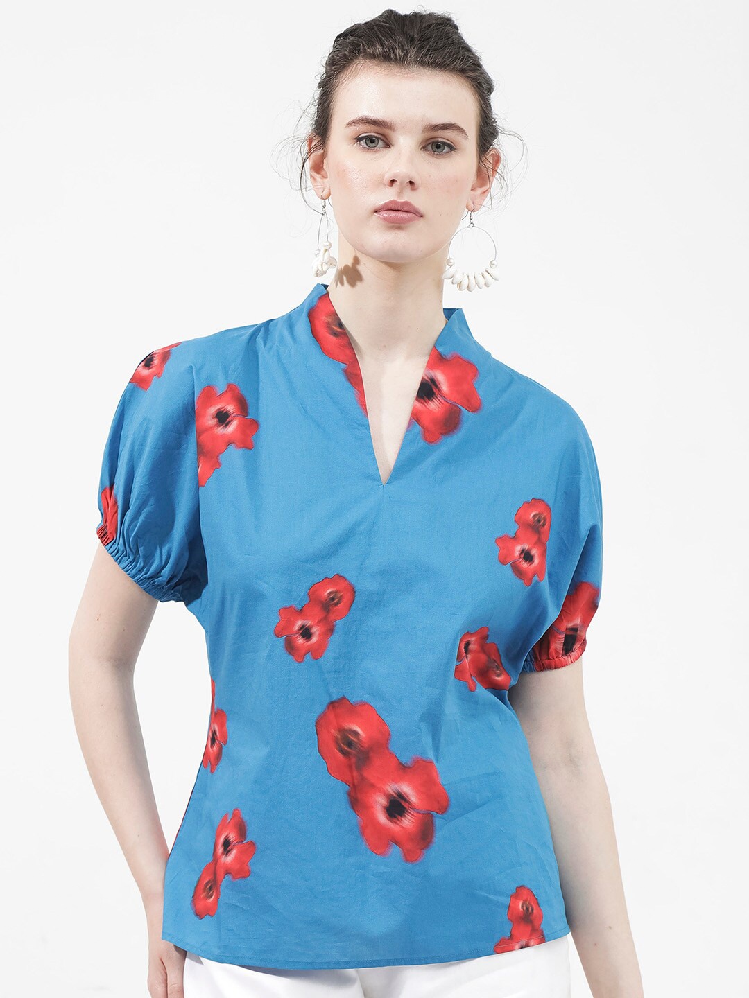 

RAREISM Floral Printed V-Neck Puff Sleeves Cotton Top, Blue