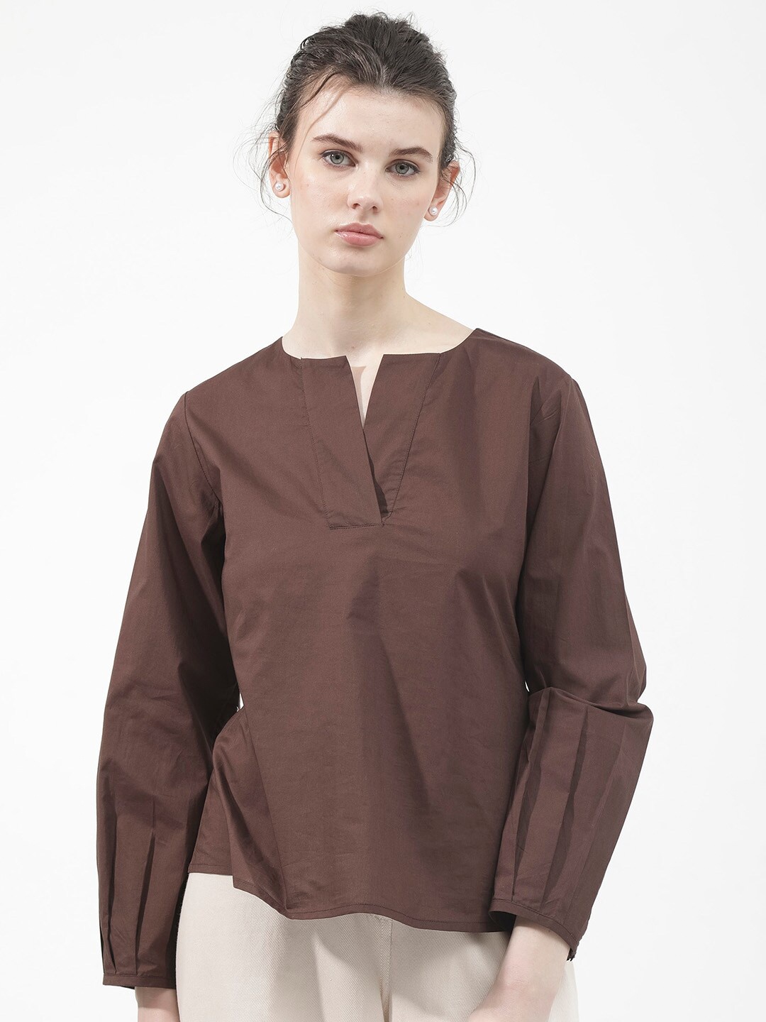 

RAREISM Notch Neck Cotton Top, Brown