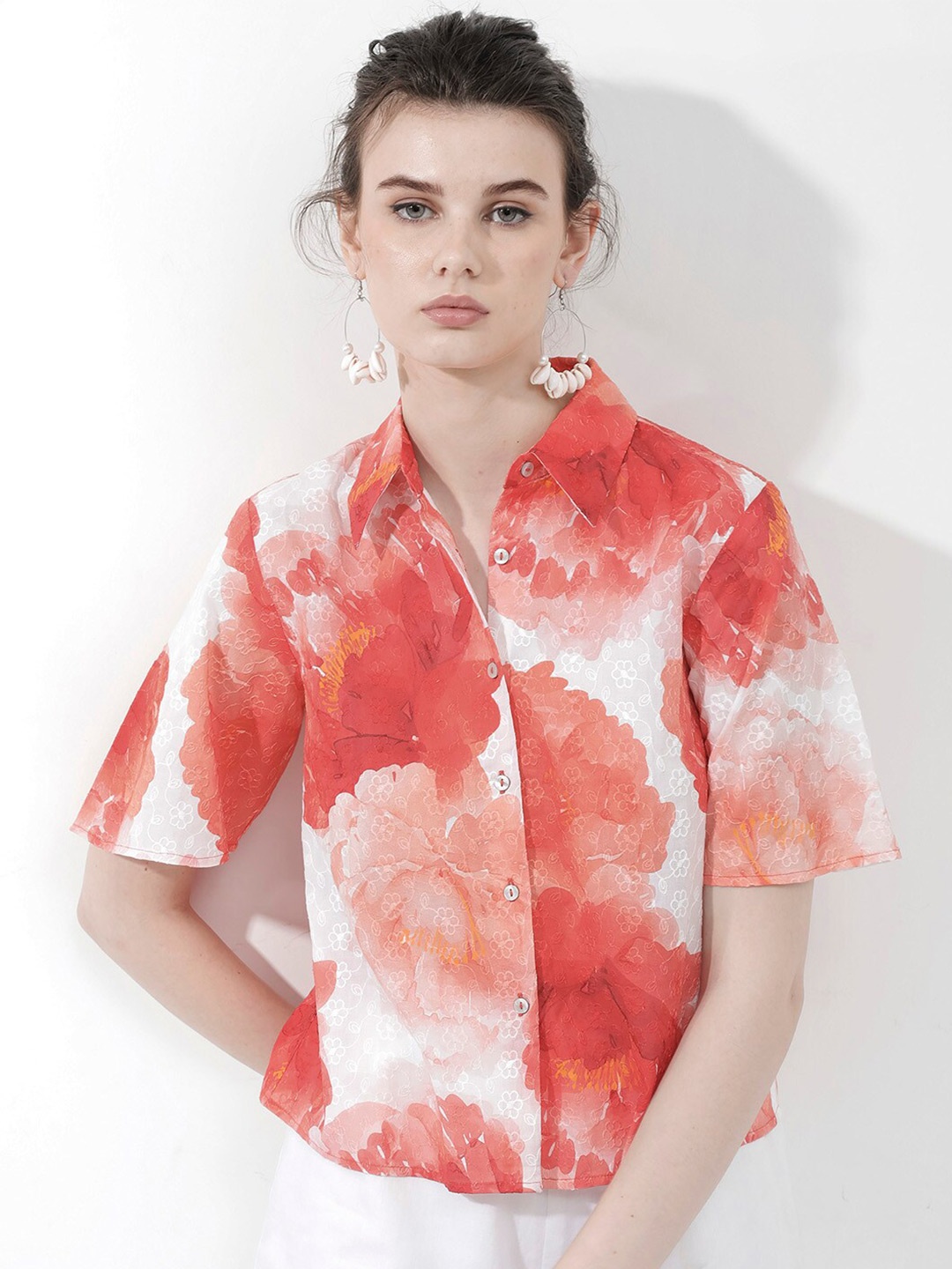 

RAREISM Floral Printed Shirt Style Cotton Top, Pink