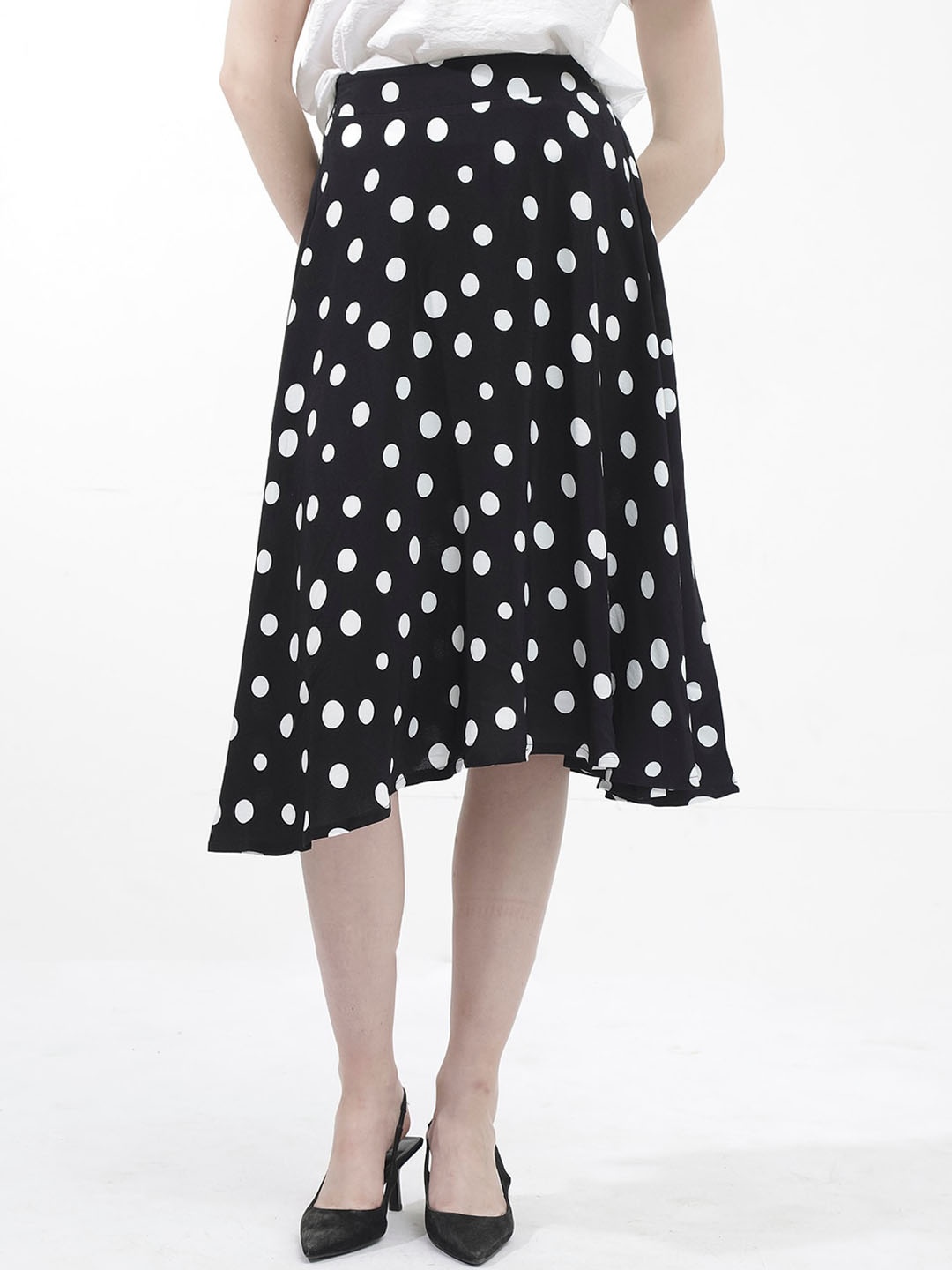 

RAREISM Polka Dot Printed A-line Midi Skirt, Black