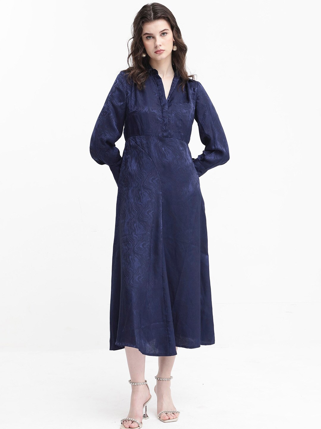 

RAREISM Shirt Collar Fit & Flare Midi Dress, Navy blue